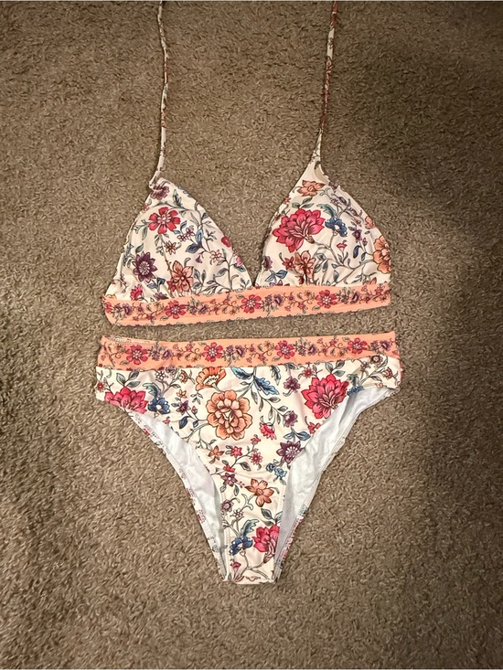 Other - Floral Triangle Bikini Set in Cream with Pink and Peach Flowers